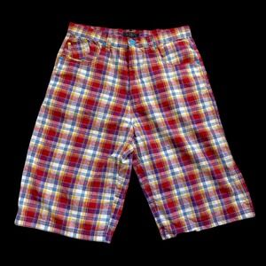 90's Members Property Plaid Shorts Sz 34 Multi Color Ramie Cotton Blend 90s